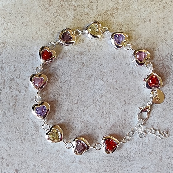 925 stamped Silver plated multi colored heart adjustable bracelet - Picture 4 of 12